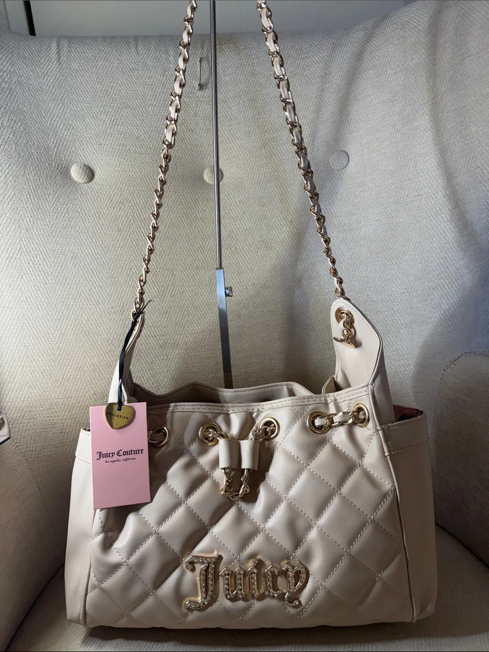 Juicy Couture Quilted Cream Shoulder Tote with Gold Chain